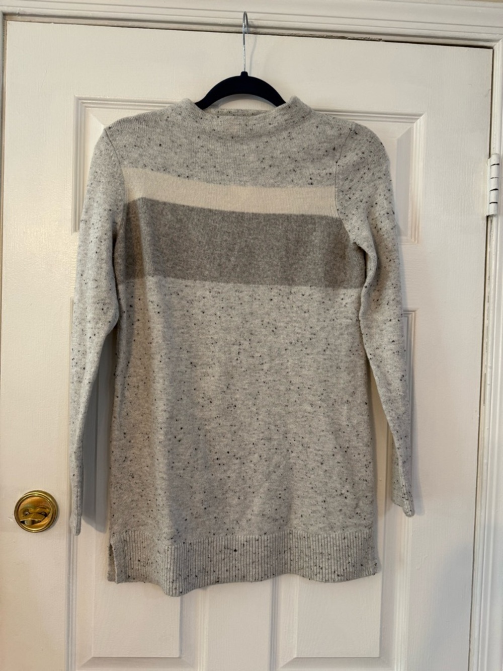 LOFT Light Gray Speckled Crewneck Sweater with Stripe